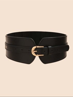 Black Waist-Cinching Belt Vegan Leather with Gold Buckle